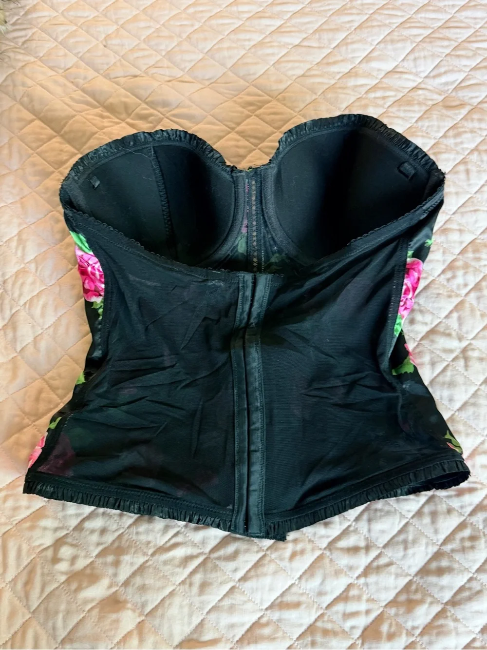 smart & sexy Black Bustier Top with Pink and Green Floral Accents